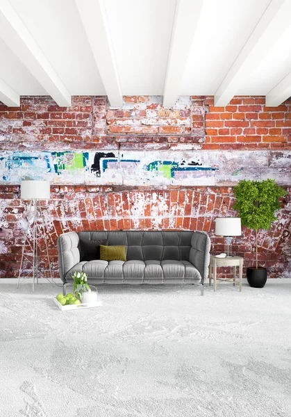 Modern çatı iç yatak odası veya oturma odası alanı ile eklektik duvar ile. 3D render.