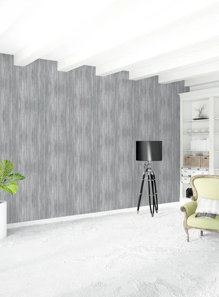 Modern çatı iç yatak odası veya oturma odası alanı ile eklektik duvar ile. 3D render.