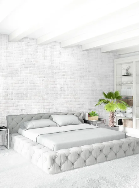 Modern çatı iç yatak odası veya oturma odası alanı ile eklektik duvar ile. 3D render.