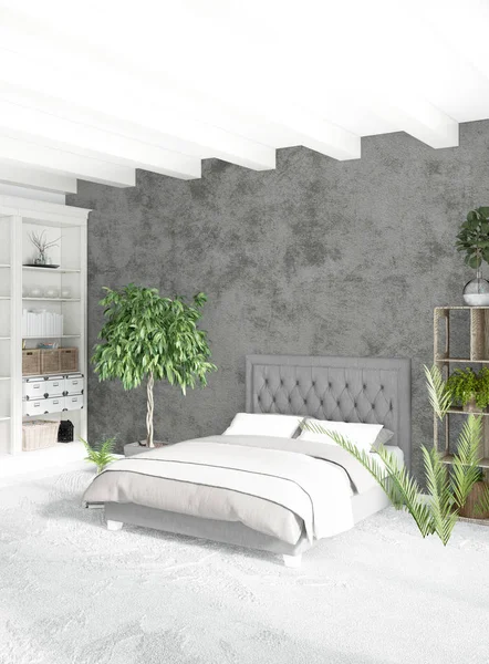 Modern çatı iç yatak odası veya oturma odası alanı ile eklektik duvar ile. 3D render.