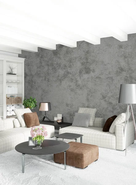 Chambre intérieure loft moderne ou salon avec mur éclectique avec espace. rendu 3D . — Photo