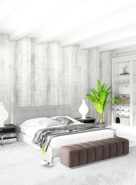 Moderno loft dormitorio interior o sala de estar con pared ecléctica con espacio. Renderizado 3D . — Foto de Stock