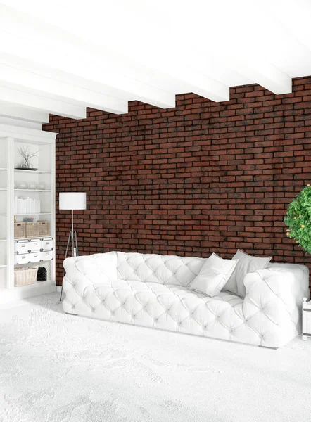 Modern çatı iç yatak odası veya oturma odası alanı ile eklektik duvar ile. 3D render.