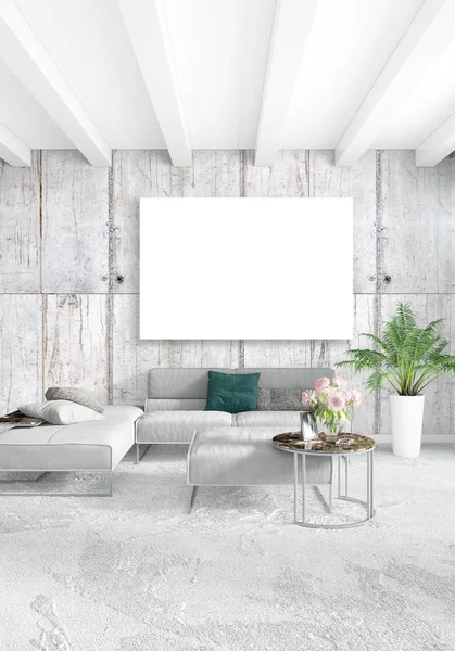Chambre intérieure moderne verticale ou salon avec mur éclectique et cadre vide pour le dessin de l'espace de copie. rendu 3D — Photo
