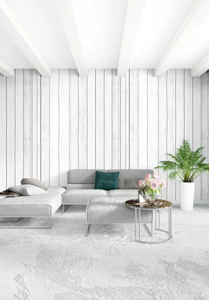 Modern çatı iç yatak odası veya oturma odası alanı ile eklektik duvar ile. 3D render.