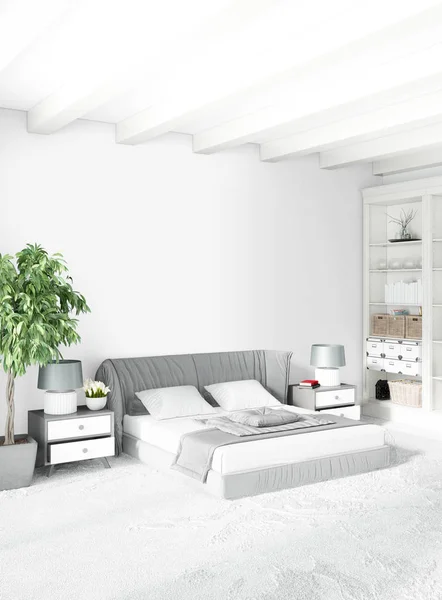 Modern çatı iç yatak odası veya oturma odası alanı ile eklektik duvar ile. 3D render. — Stok fotoğraf