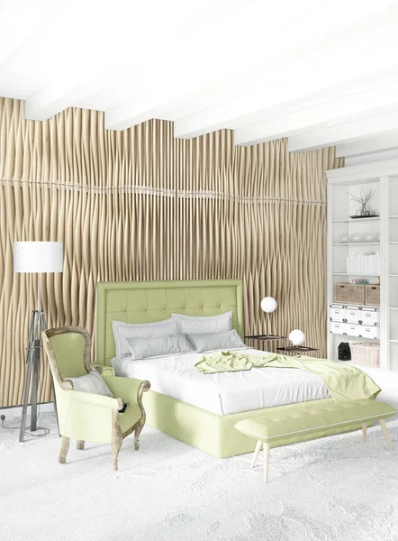 Modern çatı iç yatak odası veya oturma odası alanı ile eklektik duvar ile. 3D render.