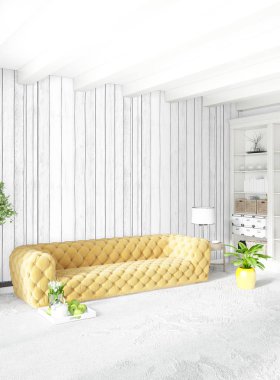 Modern çatı iç yatak odası veya oturma odası alanı ile eklektik duvar ile. 3D render.