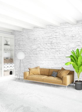 Modern çatı iç yatak odası veya oturma odası alanı ile eklektik duvar ile. 3D render.