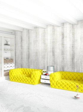 Modern çatı iç yatak odası veya oturma odası alanı ile eklektik duvar ile. 3D render.