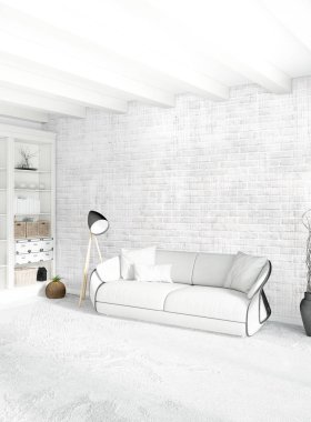 Modern çatı iç yatak odası veya oturma odası alanı ile eklektik duvar ile. 3D render.