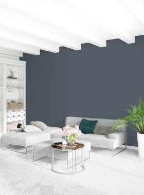 Modern çatı iç yatak odası veya oturma odası alanı ile eklektik duvar ile. 3D render.