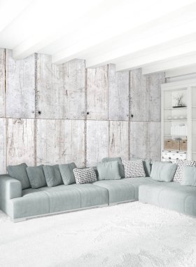 Modern çatı iç yatak odası veya oturma odası alanı ile eklektik duvar ile. 3D render.