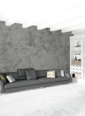 Modern çatı iç yatak odası veya oturma odası alanı ile eklektik duvar ile. 3D render.