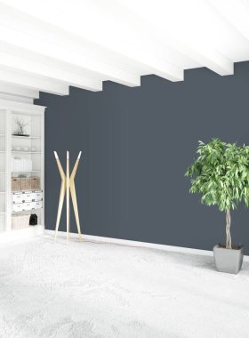 Modern çatı iç yatak odası veya oturma odası alanı ile eklektik duvar ile. 3D render.