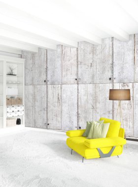 Modern çatı iç yatak odası veya oturma odası alanı ile eklektik duvar ile. 3D render.