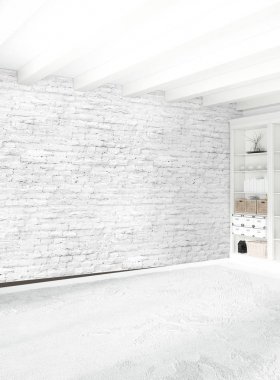 Modern çatı iç yatak odası veya oturma odası alanı ile eklektik duvar ile. 3D render.