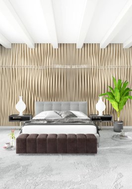 Modern çatı iç yatak odası veya oturma odası alanı ile eklektik duvar ile. 3D render.