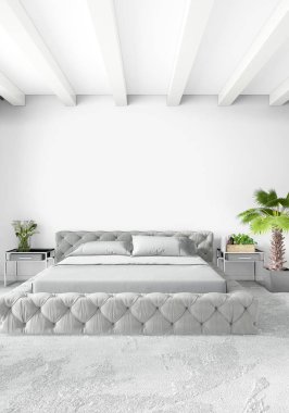 Modern çatı iç yatak odası veya oturma odası alanı ile eklektik duvar ile. 3D render.