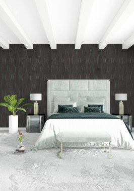 Modern çatı iç yatak odası veya oturma odası alanı ile eklektik duvar ile. 3D render.