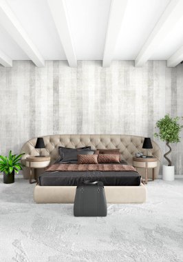 Modern çatı iç yatak odası veya oturma odası alanı ile eklektik duvar ile. 3D render.