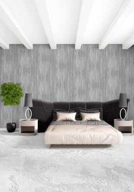 Modern çatı iç yatak odası veya oturma odası alanı ile eklektik duvar ile. 3D render.