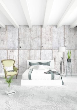 Modern çatı iç yatak odası veya oturma odası alanı ile eklektik duvar ile. 3D render.