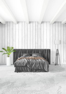 Modern çatı iç yatak odası veya oturma odası alanı ile eklektik duvar ile. 3D render.