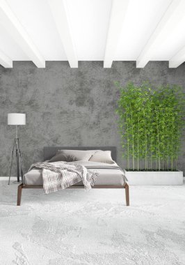 Modern çatı iç yatak odası veya oturma odası alanı ile eklektik duvar ile. 3D render.