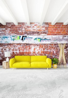 Modern çatı iç yatak odası veya oturma odası alanı ile eklektik duvar ile. 3D render.