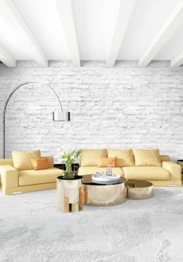 Modern çatı iç yatak odası veya oturma odası alanı ile eklektik duvar ile. 3D render.