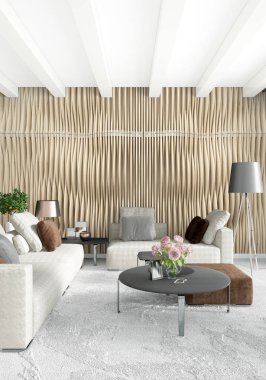 Modern çatı iç yatak odası veya oturma odası alanı ile eklektik duvar ile. 3D render.