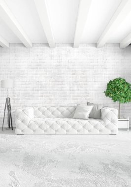 Modern çatı iç yatak odası veya oturma odası alanı ile eklektik duvar ile. 3D render.