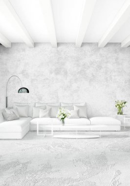 Modern çatı iç yatak odası veya oturma odası alanı ile eklektik duvar ile. 3D render.