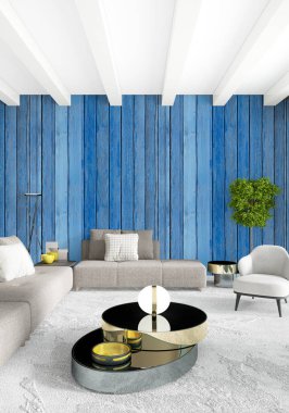 Modern çatı iç yatak odası veya oturma odası alanı ile eklektik duvar ile. 3D render.