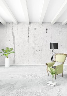 Modern çatı iç yatak odası veya oturma odası alanı ile eklektik duvar ile. 3D render.