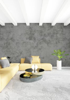 Modern çatı iç yatak odası veya oturma odası alanı ile eklektik duvar ile. 3D render.