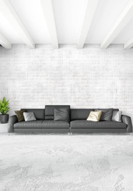 Modern çatı iç yatak odası veya oturma odası alanı ile eklektik duvar ile. 3D render.