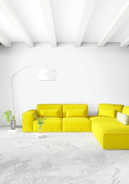 Modern çatı iç yatak odası veya oturma odası alanı ile eklektik duvar ile. 3D render.