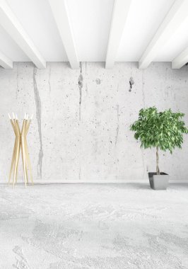 Modern çatı iç yatak odası veya oturma odası alanı ile eklektik duvar ile. 3D render.