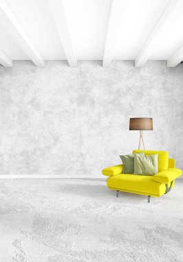 Modern çatı iç yatak odası veya oturma odası alanı ile eklektik duvar ile. 3D render.