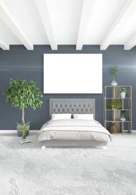 Dikey modern iç yatak odası veya oturma odası eklektik duvar ve boş çerçeve çizim boşaltmak için. 3D render