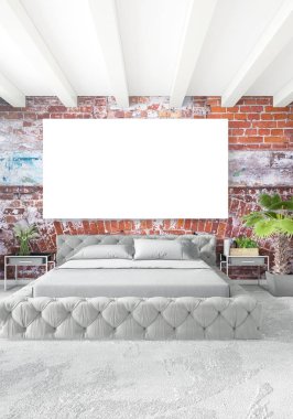 Dikey modern iç yatak odası veya oturma odası eklektik duvar ve boş çerçeve çizim boşaltmak için. 3D render