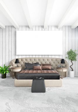 Dikey modern iç yatak odası veya oturma odası eklektik duvar ve boş çerçeve çizim boşaltmak için. 3D render