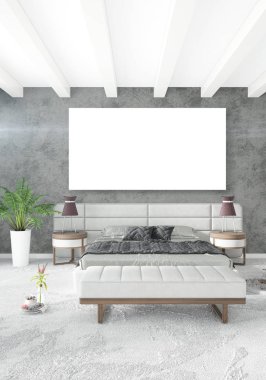 Dikey modern iç yatak odası veya oturma odası eklektik duvar ve boş çerçeve çizim boşaltmak için. 3D render