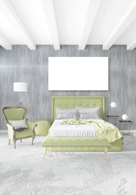 Dikey modern iç yatak odası veya oturma odası eklektik duvar ve boş çerçeve çizim boşaltmak için. 3D render