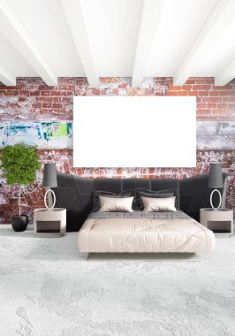 Dikey modern iç yatak odası veya oturma odası eklektik duvar ve boş çerçeve çizim boşaltmak için. 3D render