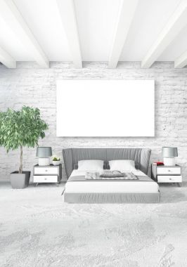 Dikey modern iç yatak odası veya oturma odası eklektik duvar ve boş çerçeve çizim boşaltmak için. 3D render