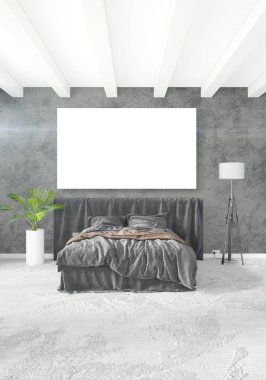 Dikey modern iç yatak odası veya oturma odası eklektik duvar ve boş çerçeve çizim boşaltmak için. 3D render