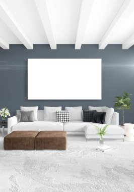 Dikey modern iç yatak odası veya oturma odası eklektik duvar ve boş çerçeve çizim boşaltmak için. 3D render